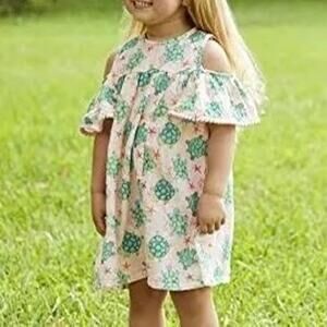 Mud Pie Dress Girls 12-18M Pink Sea Turtle Print Pom Trim Shoulder Cutout